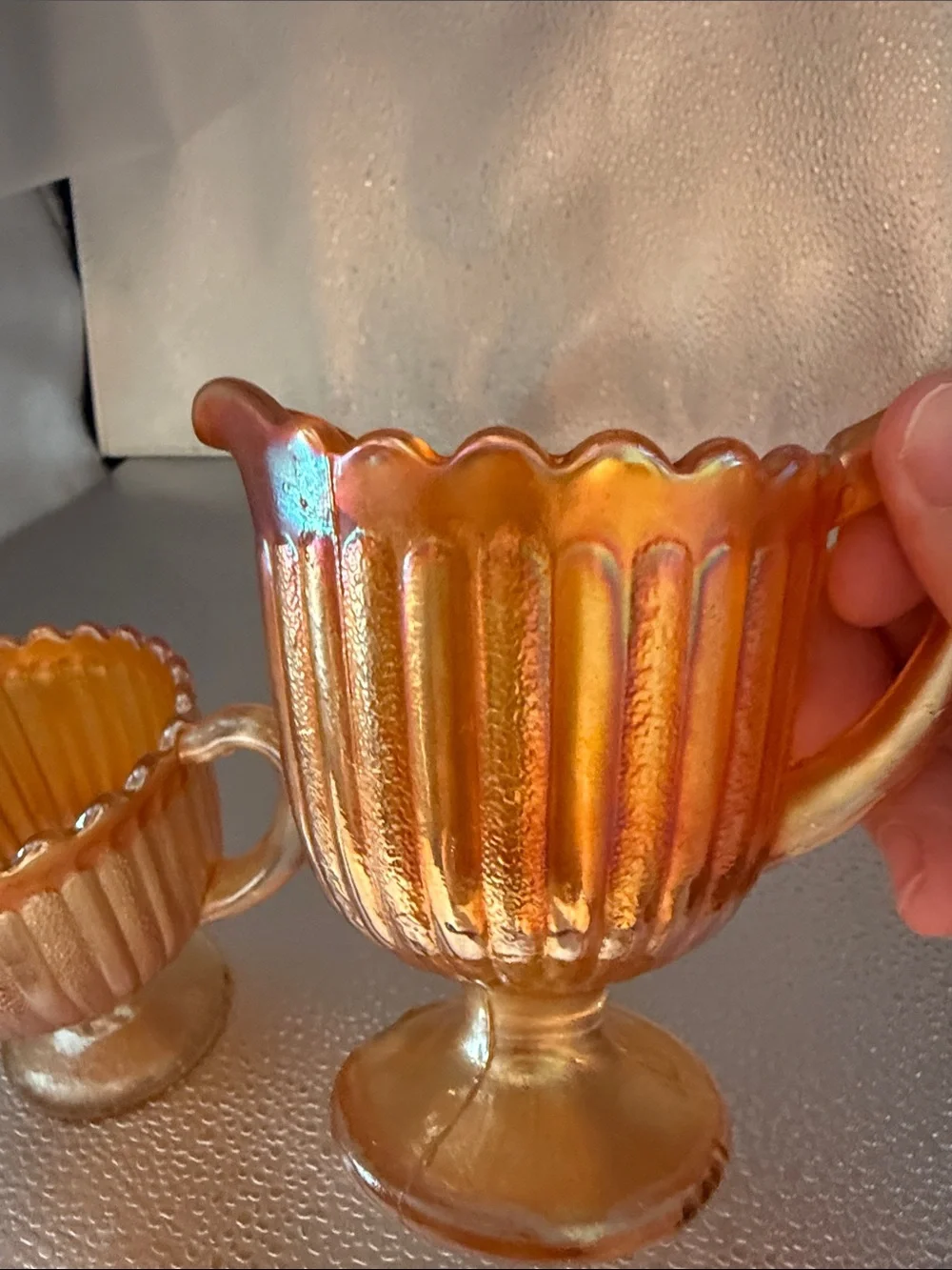 Vintage “Striped Rays” Carnival Glass sugar and creamer set.